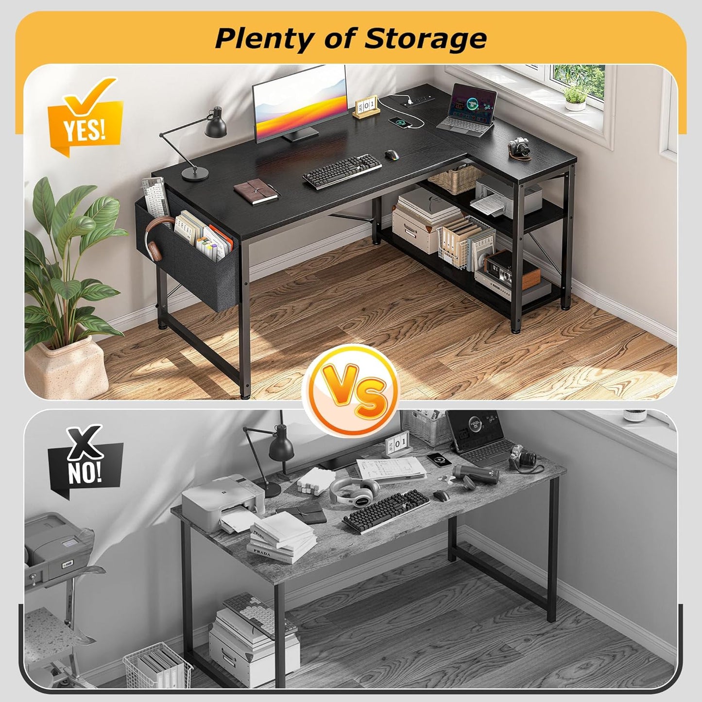 48" L Shaped Desk Office Desk with Power Outlets,Computer Desk with Reversible Storage Shelves & Side Bag,Small Gaming Desk for Gaming Working Small Space Home Office Bedroom,Black