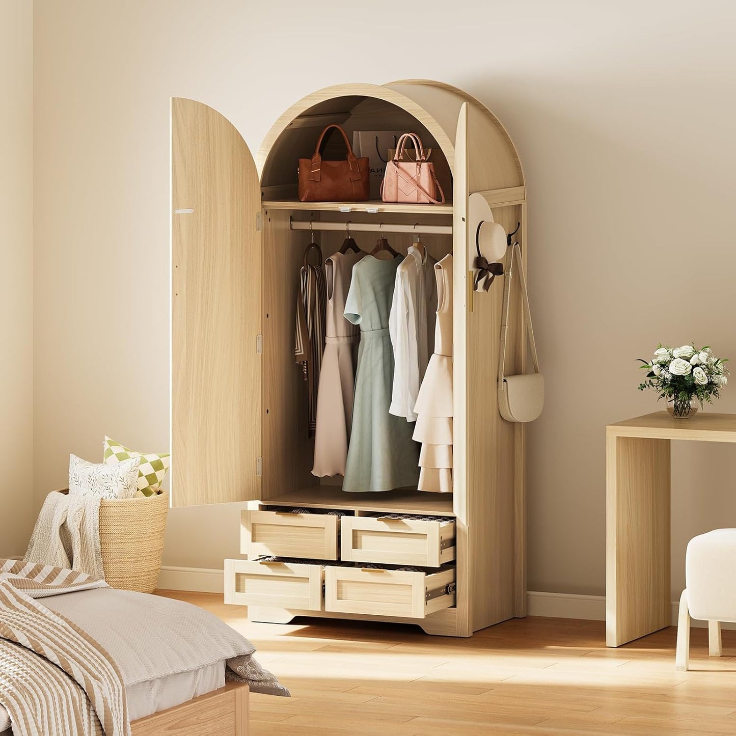 Armoire Wardrobe Closet with 4 Drawers - Wood Bedroom Armoires and Wardrobes with Rattan Doors for Hanging Clothes, Tall Clothing Cabinet Arched Closets for Cloak Room, Large Capacity Storage