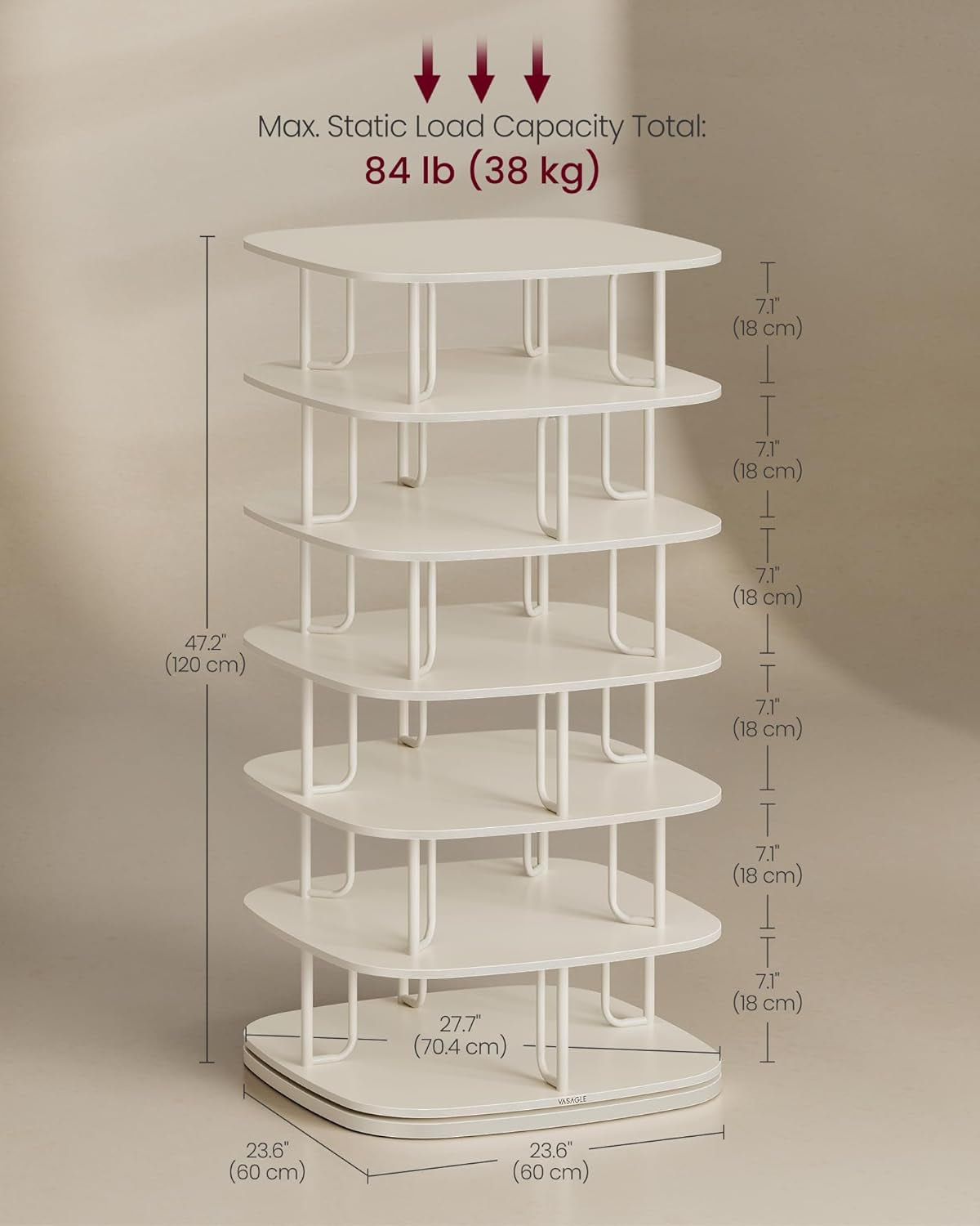 7-Tier Shoe Rack, Rotating Shoe Rack Tower, Shoe Closet Organizer, Shoe Shelf, 28-35 Pairs, 23.6 X 23.6 X 47.2 Inches, for Entryway, Living Room, Closet, Cream White ULBS041W01