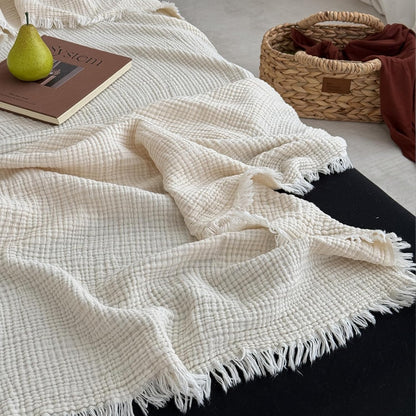 100% Cotton Muslin Throw Blanket with Fringes 50"X60", 4-Layer Cotton Gauze Blankets for Adults, Boho Bedding Breathable Lightweight Ultra-Soft for Couch Bed Sofa All Seasons, Linen Beige