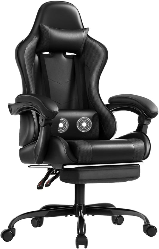 Gaming Chair with Footrest and Massage Lumbar Support, Ergonomic Computer Chairs 360°Swivel and Height Adjustable Seat with Headrest for Office or Bedroom, Study Room, Black