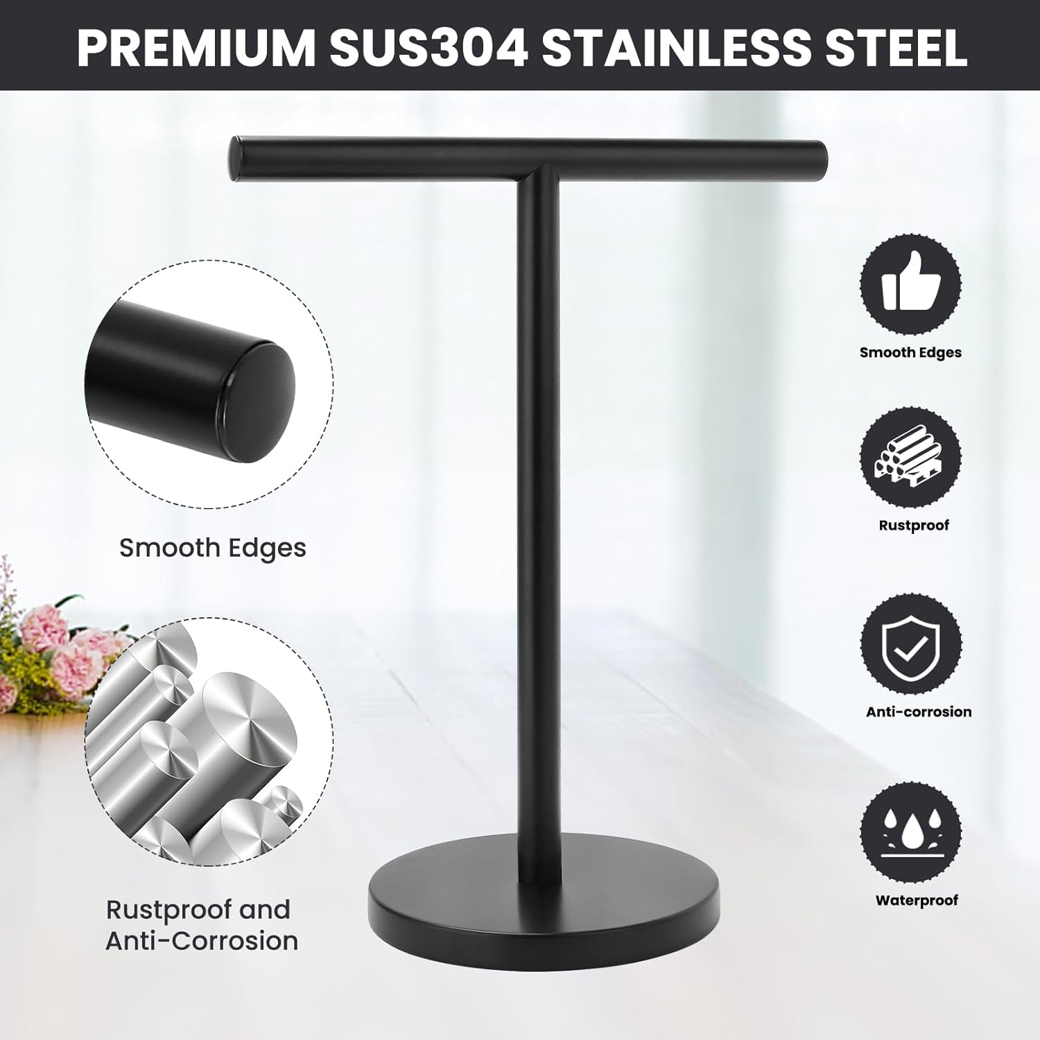 T-Shape Bath Hand Towel Holder Stand, Stainless Steel Free Standing Hand Towel Rack with Heavy Base, for Bathroom Kitchen & Countertop, Matte Black