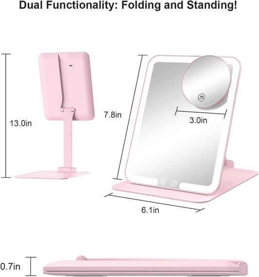 Travel Makeup Mirror with Lights and Magnification 10X, Portable Make up Compact Tabletop Mirror with Adjustable Stand, 3 Colored Lights Rechargeable Lighted LED Vanity Mirror - Pink