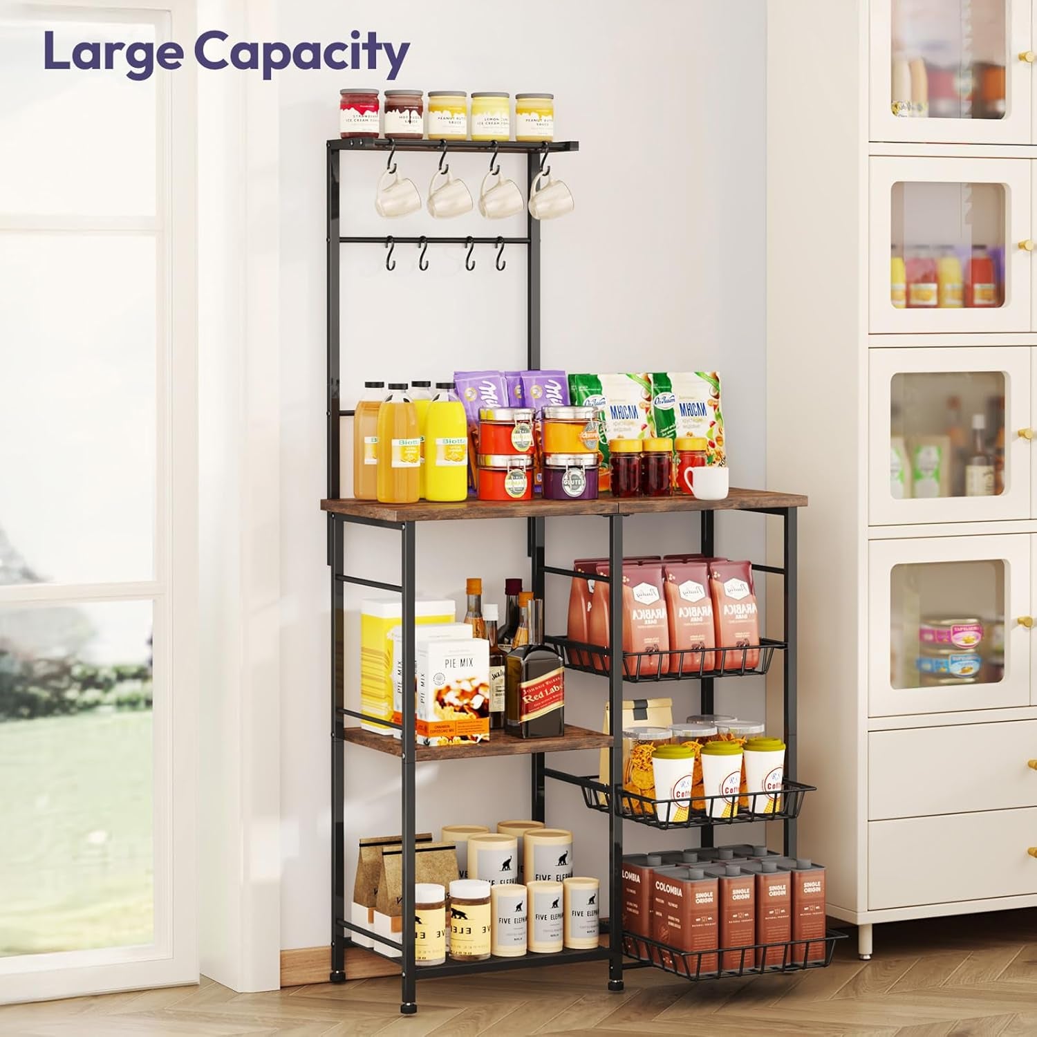 Bakers Rack with Storage - Coffee Bar Cabinet with Shelves, Coffee Station Organizer and Kitchen Stand with 8 Hooks, Baskets, Adjustable Feet for Kitchen Dining Room Pantry, Espresso
