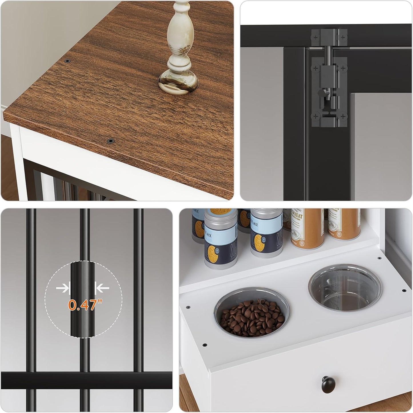 Dog Crate Furniture, 47.2” Dog Kennel Indoor with Storage Shelf and Feeding Bowls, Wooden Dog Kennel Furniture for Medium Large Dogs, White, Walnut and Black