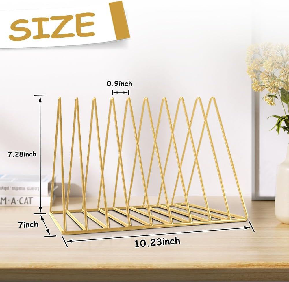 9 Slot Record Holder,Desktop Vinyl Record Storage Holds up 30 Lps,Metal Magazine Holder Triangle File Holder for Office Homer,Golden
