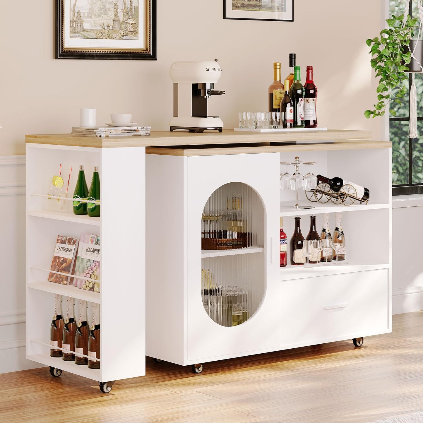 72.4” Rolling Kitchen Island with Swivel Table, Storage Cabinet, Drawers & Shelves, White Modern Mobile Island Cart on Wheels, Farmhouse Wood Island Table for Kitchen, Dining Room, Home Bar
