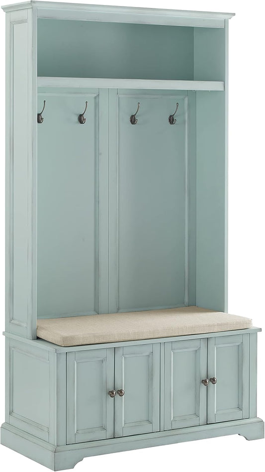 Holbrook Hall Tree with Shoe Rack Bench and Coat Hooks for Hanging Storage, Distressed Seafoam Blue