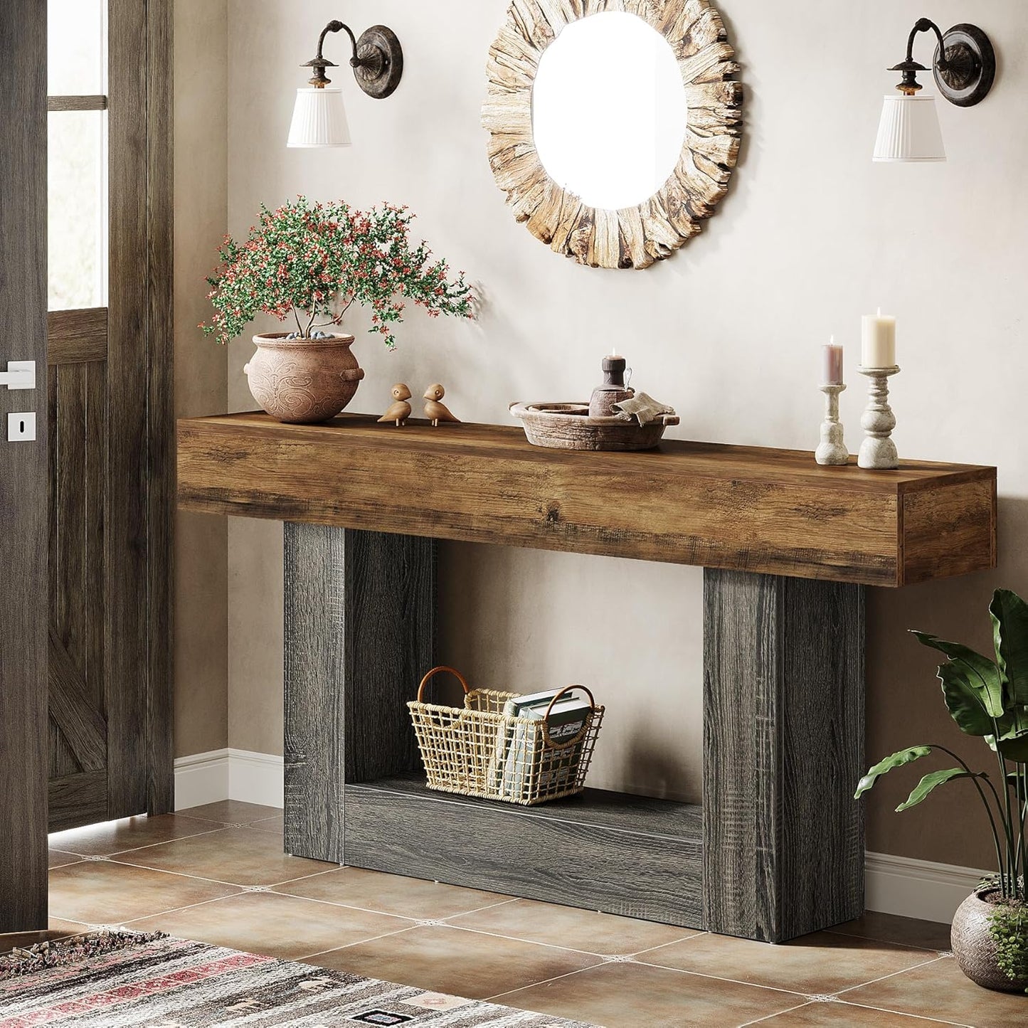 63" Console Table, Farmhouse 2-Tier Entryway Table with U-Shaped Base, Narrow Long Wood Sofa Table behind Couch Table for Living Room, Hallway, Foyer, Vintage Brown & Gray