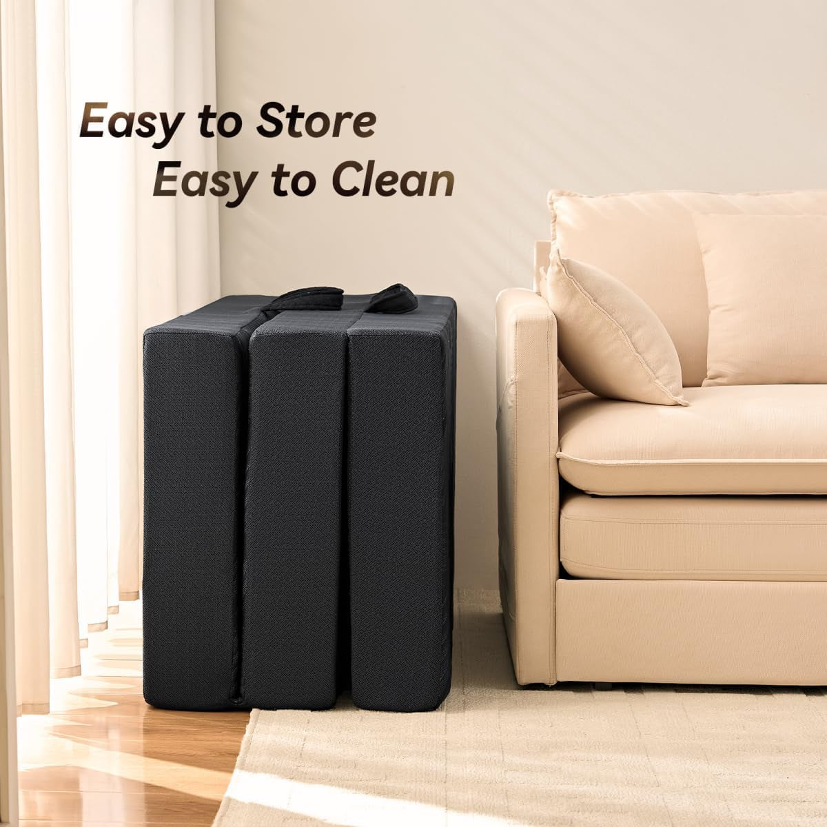 Memory Foam Mattress, Twin Size 6 Inch Tri-Fold Mattress, Handles and Non-Slip Bottom, Mattress Topper with Washable Cover, Foldable Bed for Yoga, Living Room, Camping, 75"X 38" X 6", Black