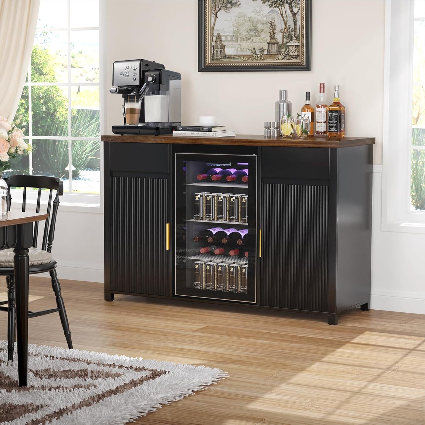 Large Coffee Bar Cabinet with Fridge Space, Mini Fridge Cabinet with Wine Storage, Buffet Sideboard Table for Home, Fluted Modern Design,53.2" L