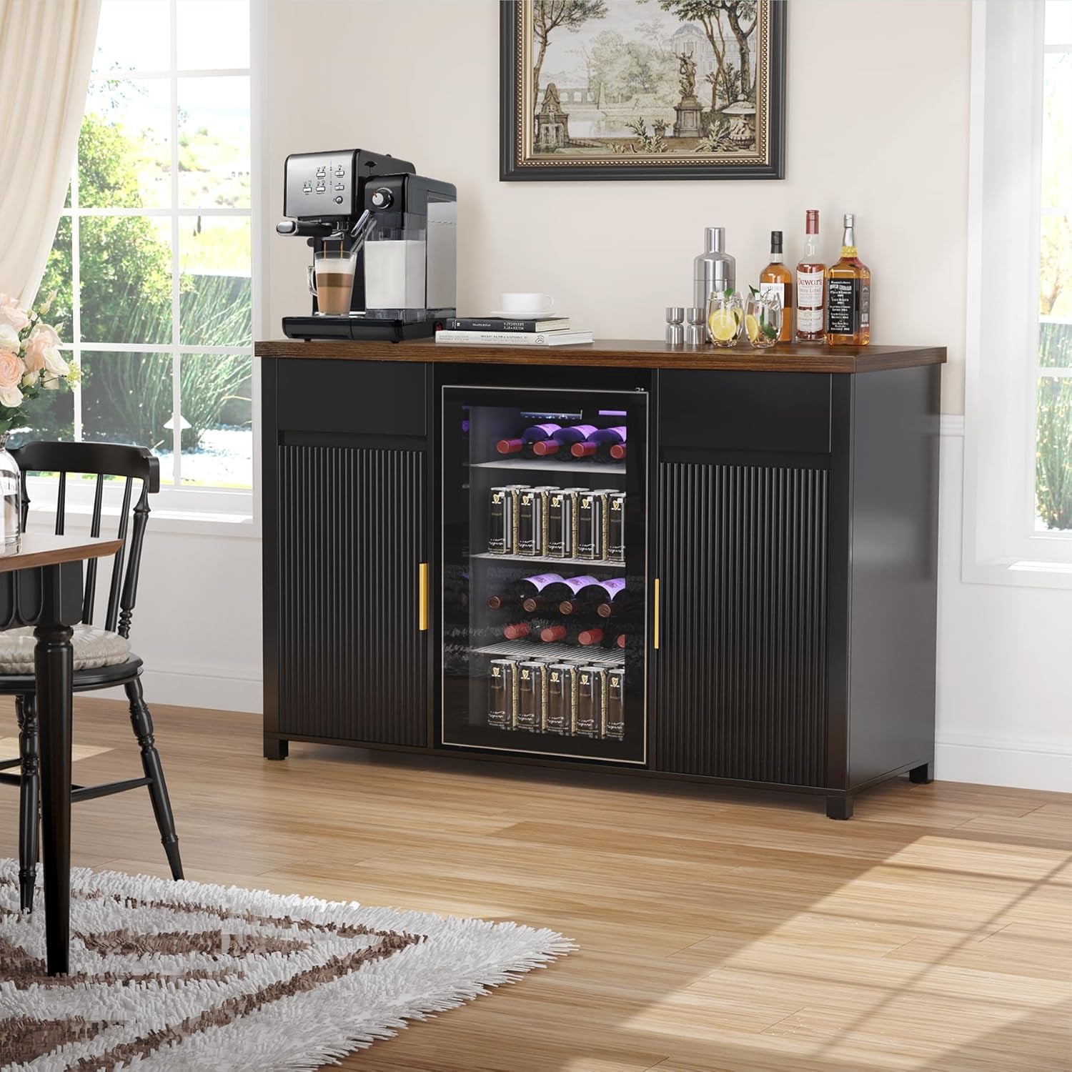 Large Coffee Bar Cabinet with Fridge Space, Mini Fridge Cabinet with Wine Storage, Buffet Sideboard Table for Home, Fluted Modern Design,53.2" L