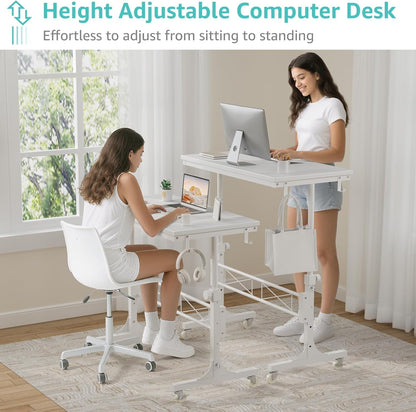 Small Portable Treadmill Walking Pad Desk on Wheels, 32 Inch White Adjustable Height Mobile Rolling Standing Teacher Desks, Couch Sofa Side Laptop Stand up Table for Bedroom, White