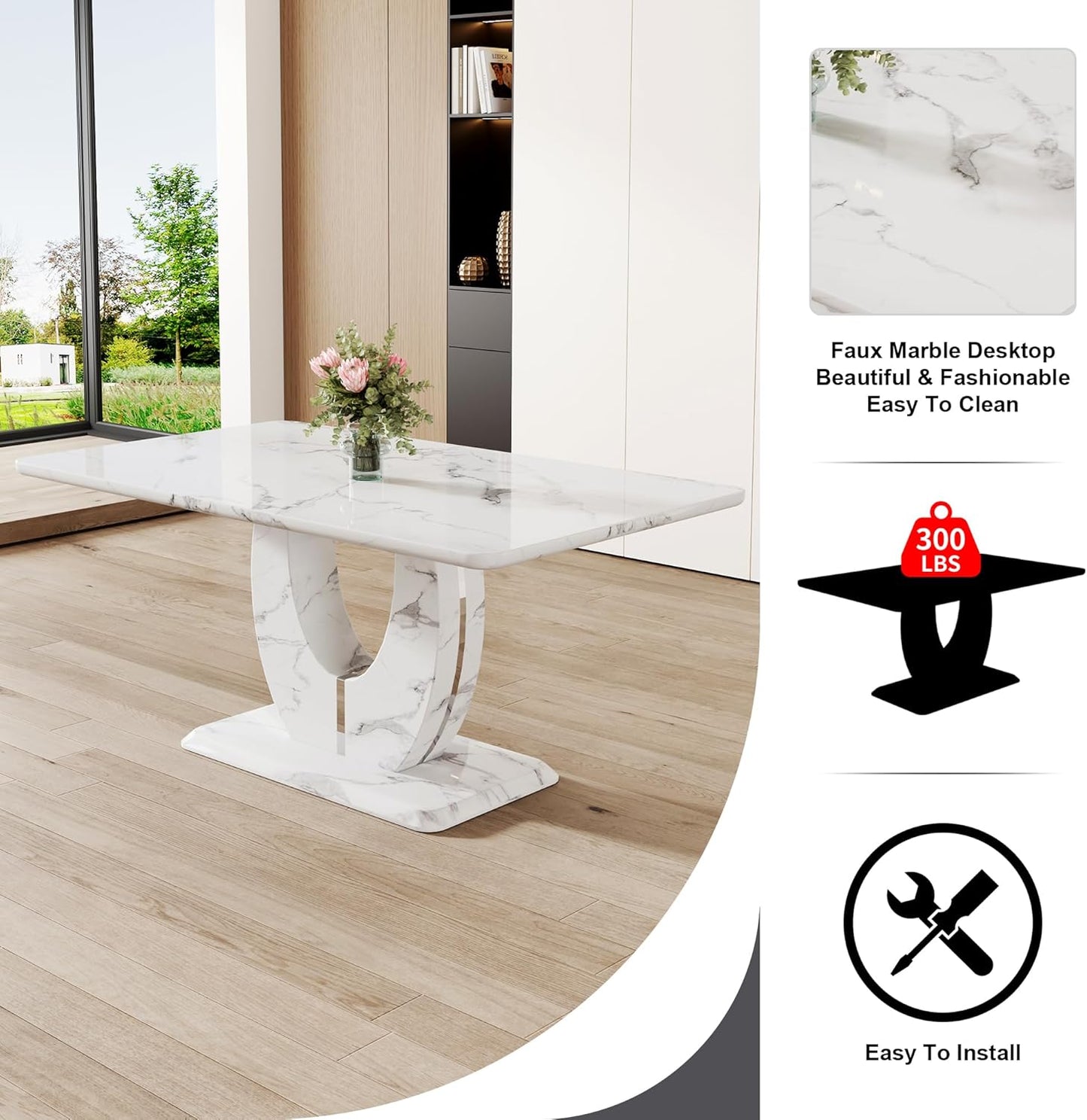 Dining Table Set for 6, Kitchen Table Chairs Set of 6, Modern Dining Room Set with 63'' Marble Dinner Table PU Leather Upholstered Chairs for Kitchen (Black-C, White Table with 6 Chairs)