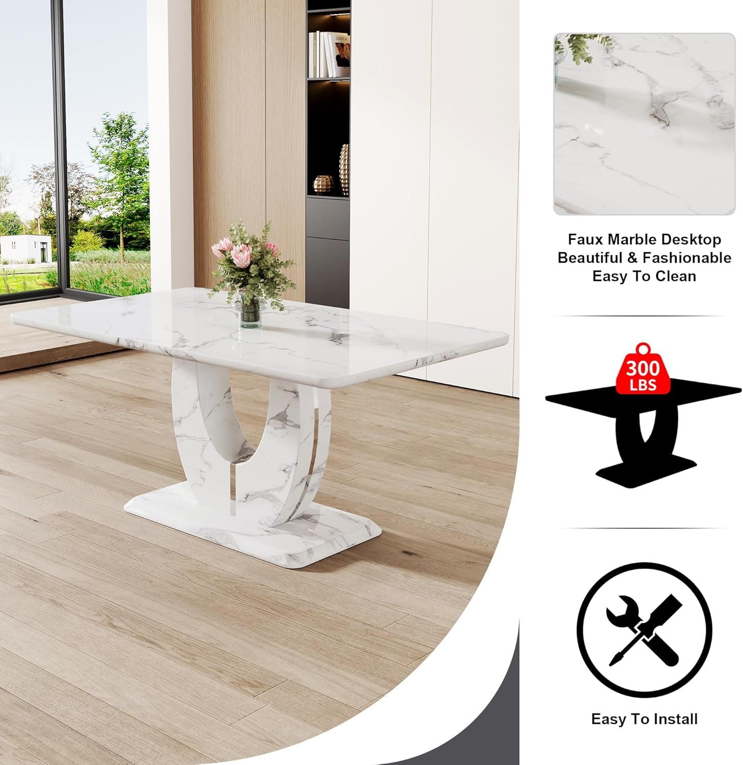 Dining Table Set for 6, Kitchen Table Chairs Set of 6, Modern Dining Room Set with 63'' Marble Dinner Table PU Leather Upholstered Chairs for Kitchen (Black-C, White Table with 6 Chairs)