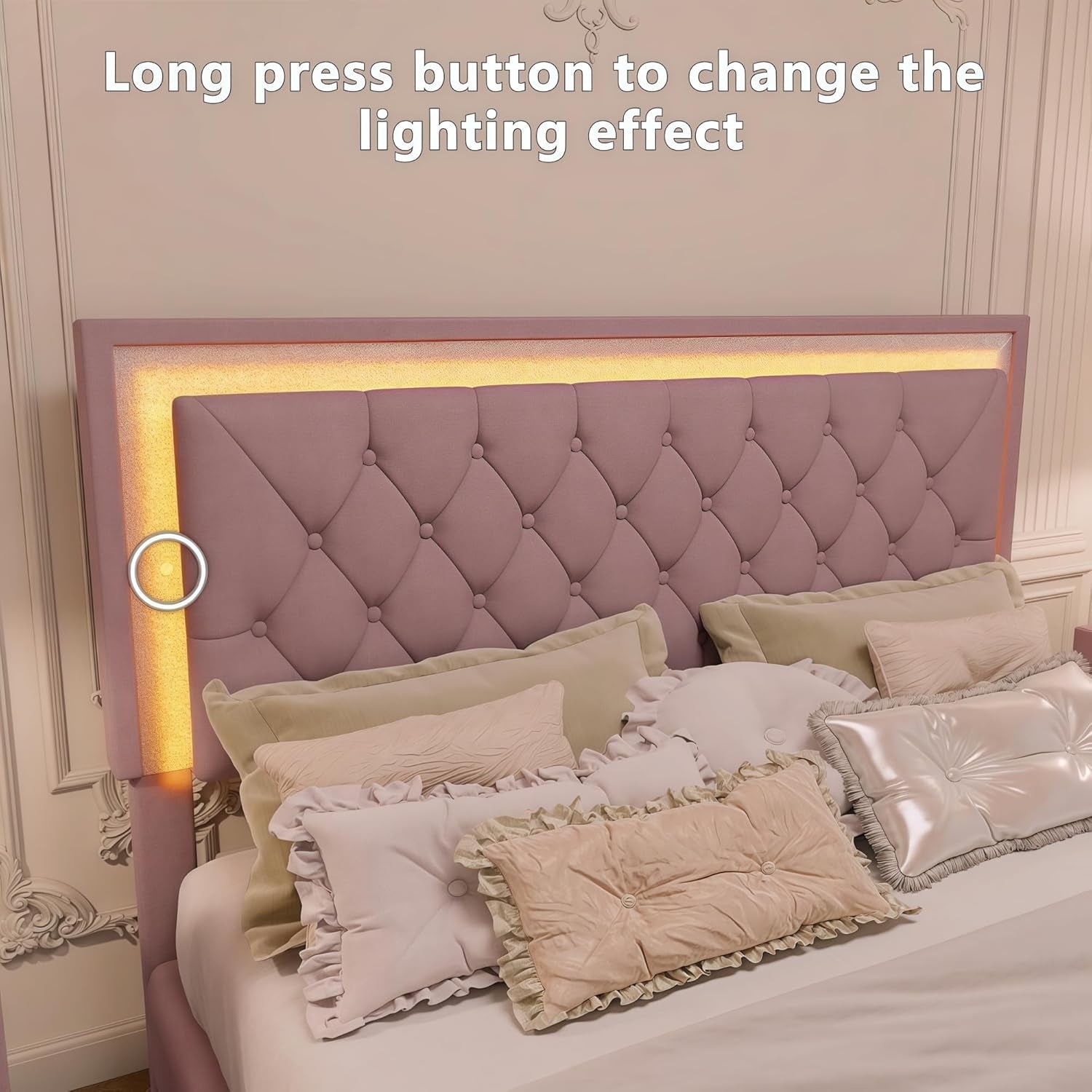 Bedroom Sets, 3-Pieces Bedroom Sets, Queen Size Upholstered Platform Bed with LED Lights and 2 Nightstands, Pink