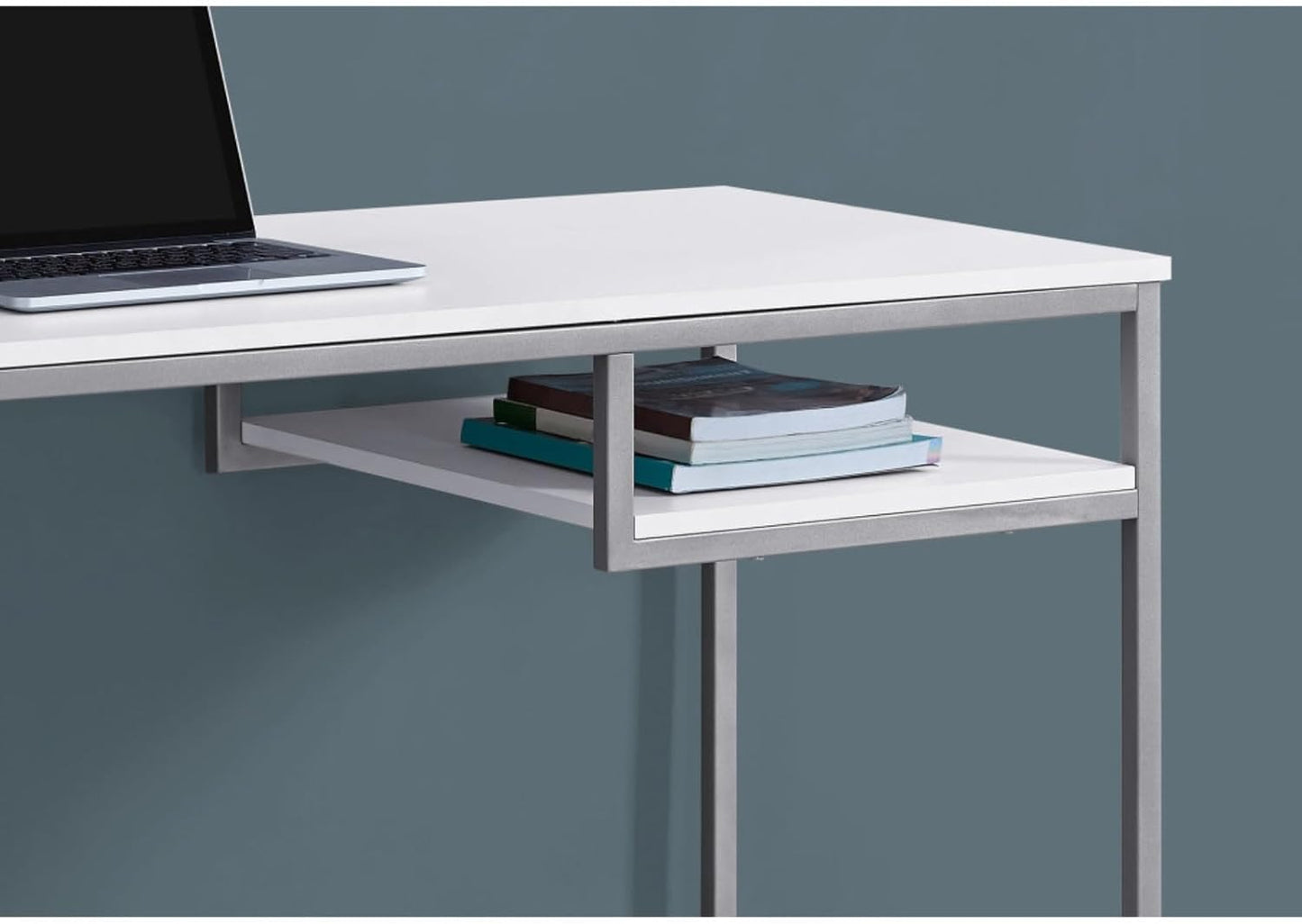 Contemporary Home Office Work Desk for Small Spaces with Storage Shelf, Modern Design PC Laptop Desk with Sturdy Coated Silver Metal Legs