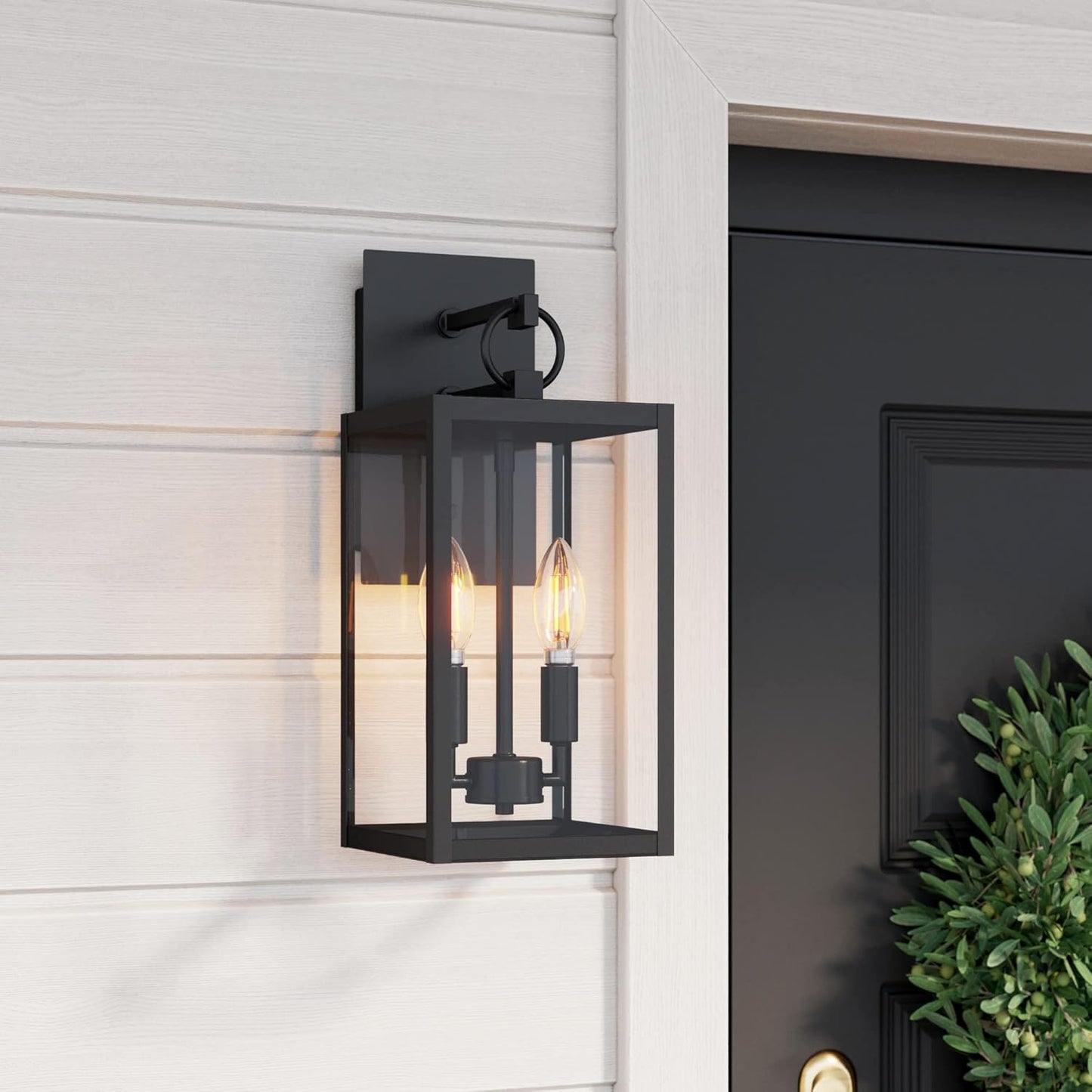 Ferris Outdoor Black Wall Sconce Light Fixture, Porch Lantern for Exterior with Iron Frame and Clear Glass Shade, Black/Clear
