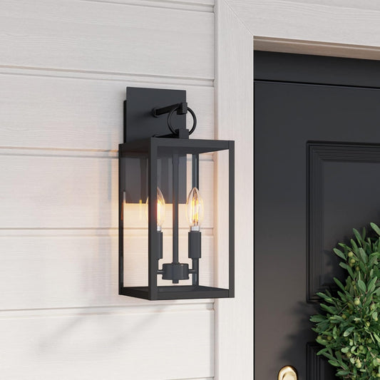 Ferris Outdoor Black Wall Sconce Light Fixture, Porch Lantern for Exterior with Iron Frame and Clear Glass Shade, Black/Clear