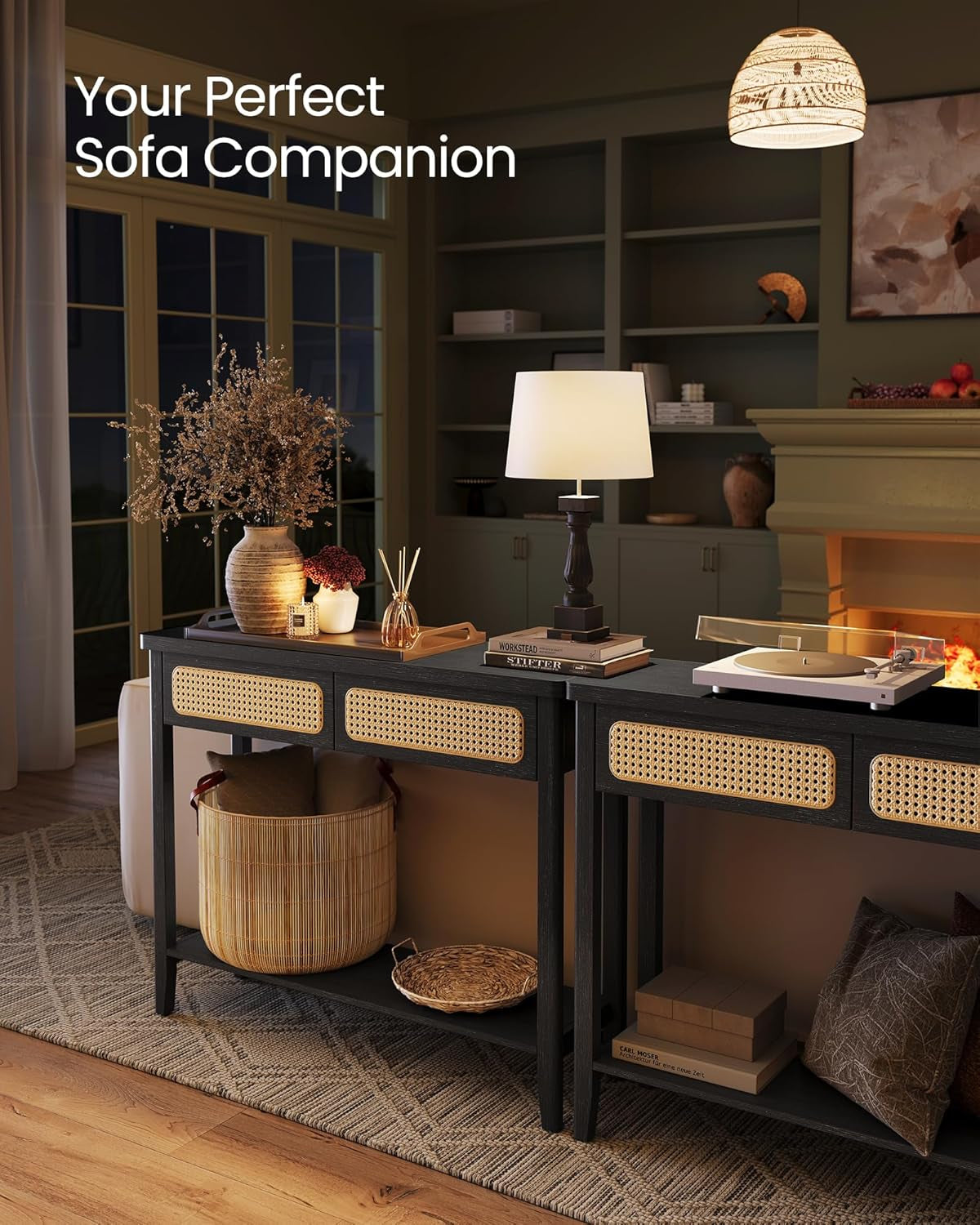 Console Table, Sofa Table, Narrow Entryway Table with 2 Drawers, Open Storage Shelf, Rounded Corners, for Living Room, Boho Style, Ash Black ULNT016B21