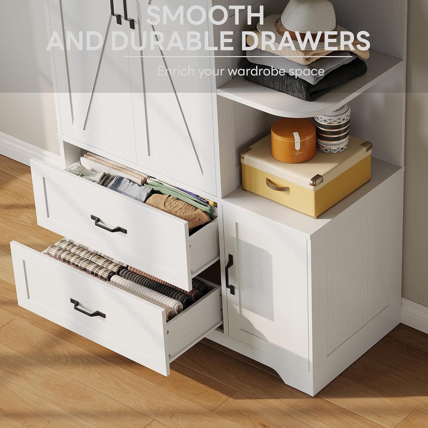 Armoire Wardrobe Closet 70" H, Bedroom Wooden Wardrobe with 3 Doors 2 Drawers, Modern Clothing Storage Cabinet Combination with Storage Shelves and Hanging Rail, White