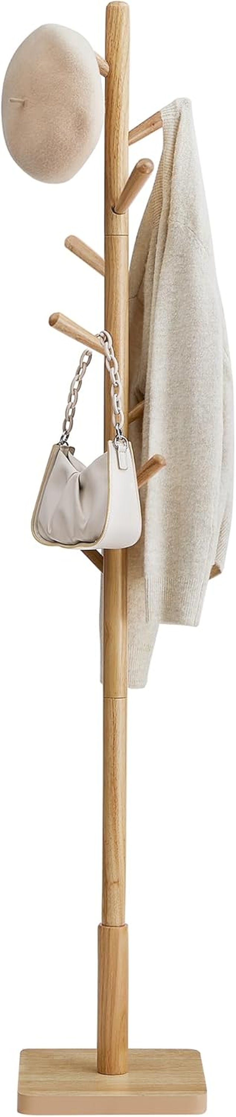 Solid Wood Coat Rack, Free Standing Hall Coat Tree with 8 Hooks, 3 Height Options, for Coats, Hats, Bags, Purses, for Entryway, Hallway, Rubberwood Hooks and Pole, Natural Beige URCR010N01