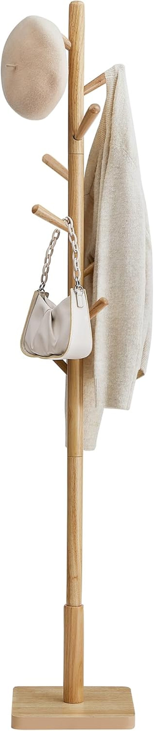 Solid Wood Coat Rack, Free Standing Hall Coat Tree with 8 Hooks, 3 Height Options, for Coats, Hats, Bags, Purses, for Entryway, Hallway, Rubberwood Hooks and Pole, Natural Beige URCR010N01