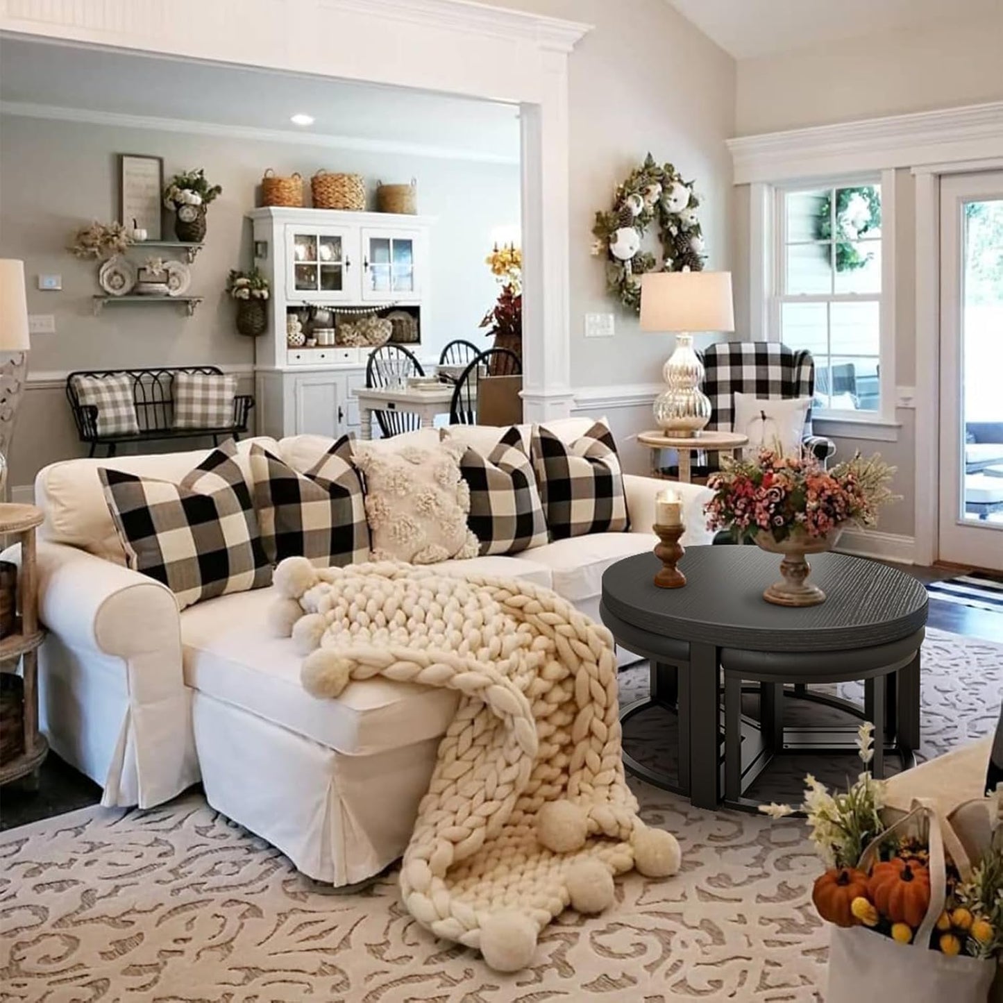 Round Coffee Table with Stools underneath - 30 Inch Small Modern Tables Set with 3 Chairs Ottomans Seating Seats Black Wood