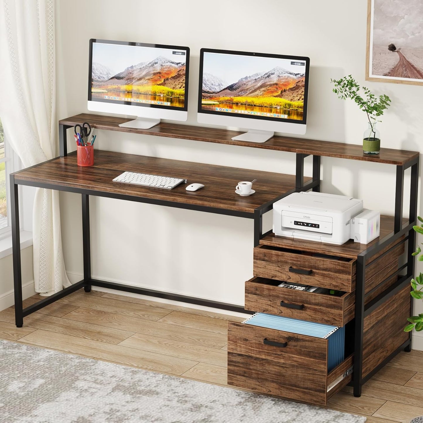 63 Inch Computer Desk with File Drawer Cabinet, Ergonomic Office Desk with Monitor Stand, Industrial Computer Table with Printer Space, Wood PC Table Workstation Desk for Home Office