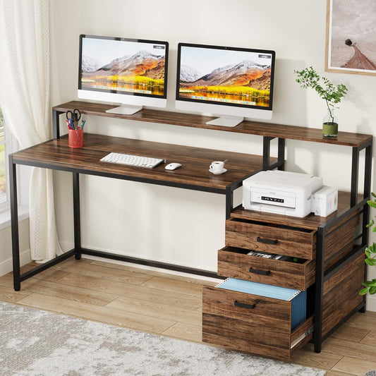 63 Inch Computer Desk with File Drawer Cabinet, Ergonomic Office Desk with Monitor Stand, Industrial Computer Table with Printer Space, Wood PC Table Workstation Desk for Home Office