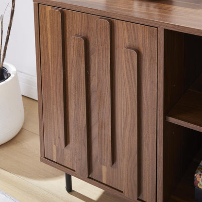 TV Stand for 65" 60" Tvs, Mid-Century Modern TV Stands for Living Room, Fluted Entertainment Center with Storage Cabinet & Open Shelf, Wood TV Console Media Cabinet, Walnut