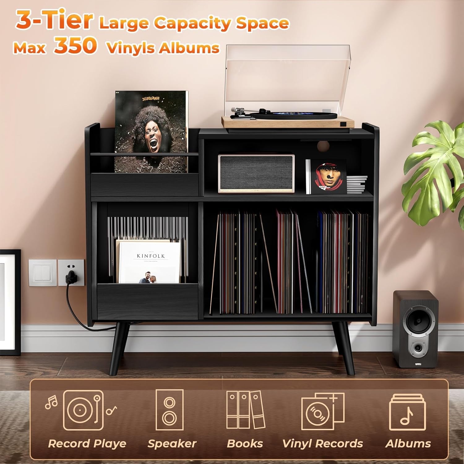 Upgraded Large Black Record Player Stand -Turntable Stand Shelf with with Power Outlet and LED Light,Vinyl Record Storage Cabinet up to 350 Albums,Wood Record Player Holder Table for Living Room