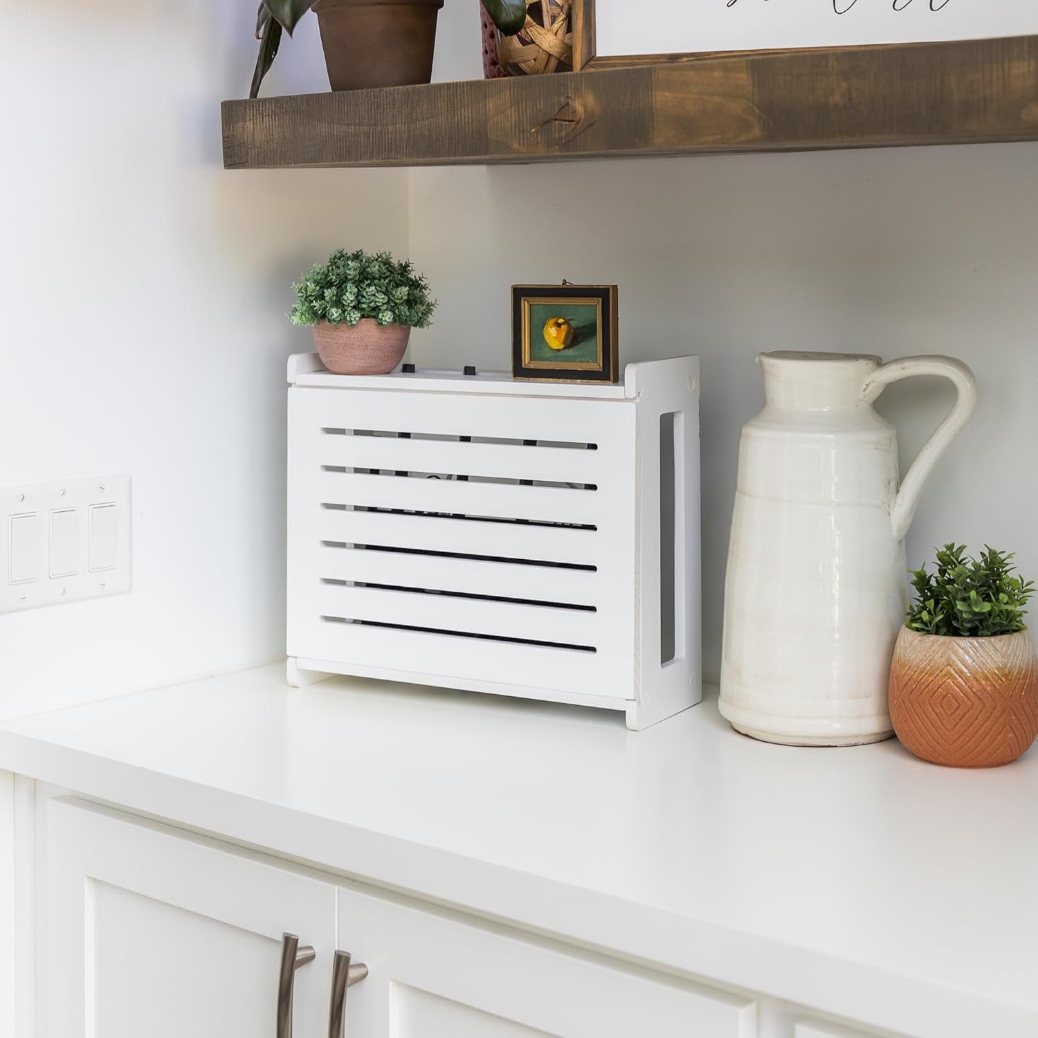 Wooden Wifi Router Storage Box - Standard Wall Mountable Decorative Modem Shelf Hider Cover with Cable Management System - Rustic Home Organization Solution for Most Routers up to 11" Tall - White