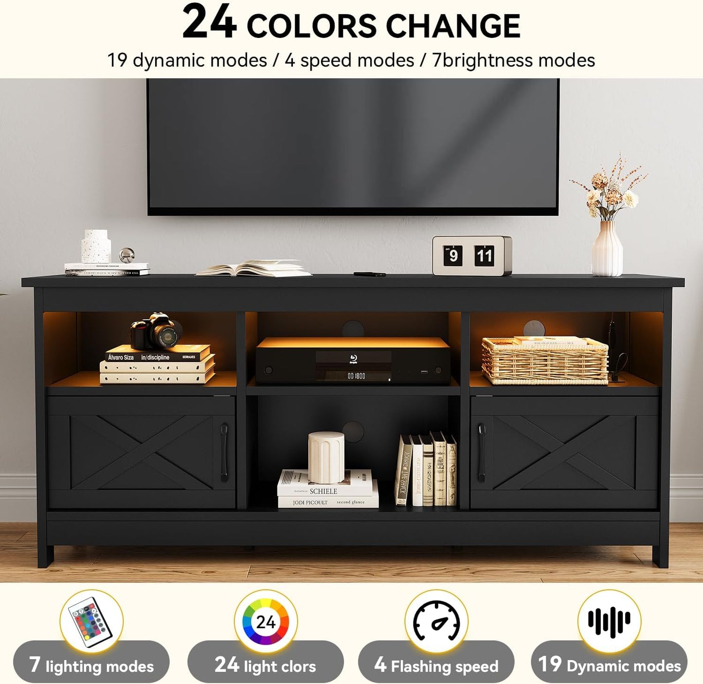 Farmhouse TV Stand for 65 Inch TV, Black Entertainment Center with LED Lights & Power Outlet, TV Media Console with Storage for Living Room, Black