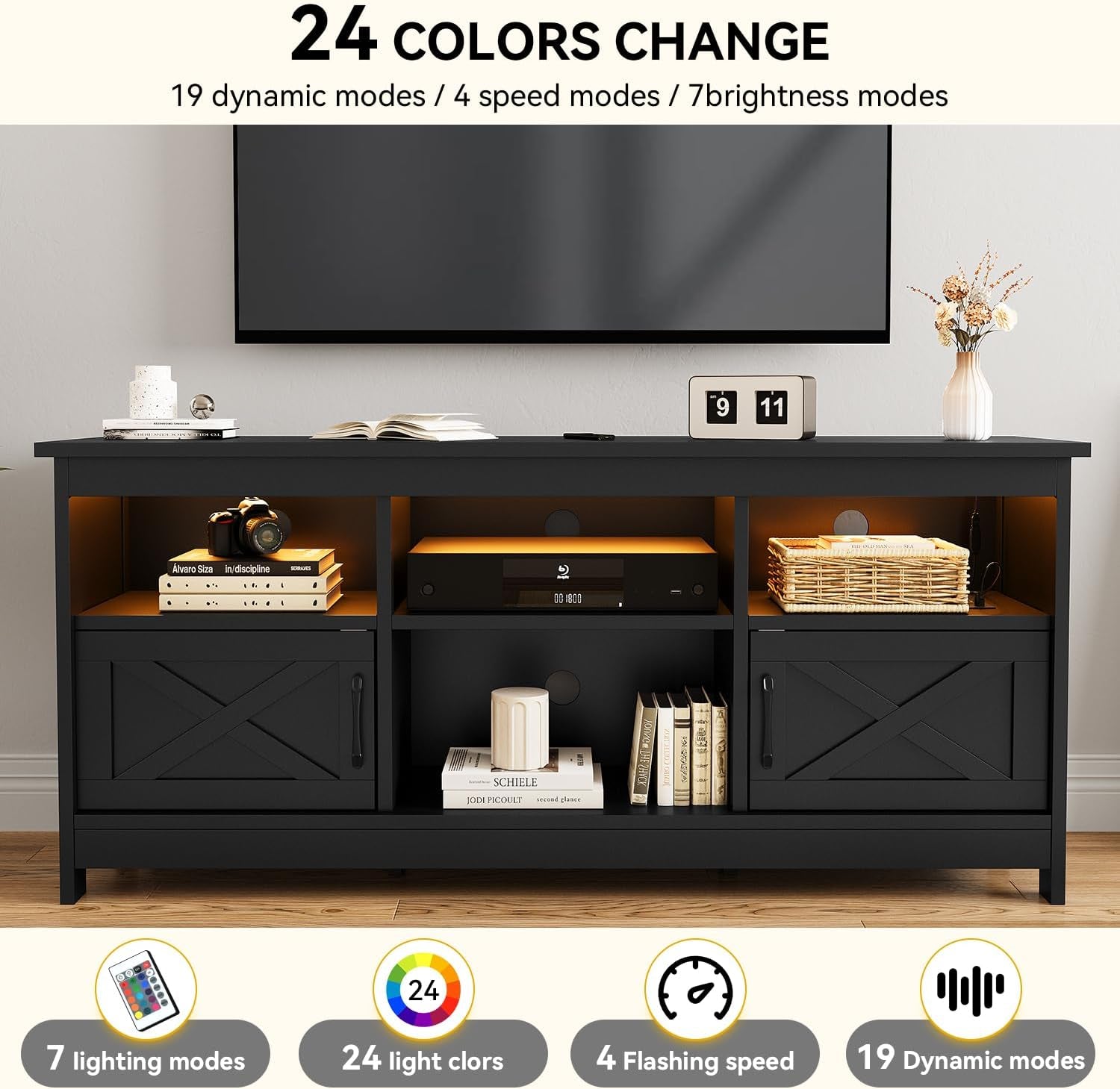 Farmhouse TV Stand for 65 Inch TV, Black Entertainment Center with LED Lights & Power Outlet, TV Media Console with Storage for Living Room, Black