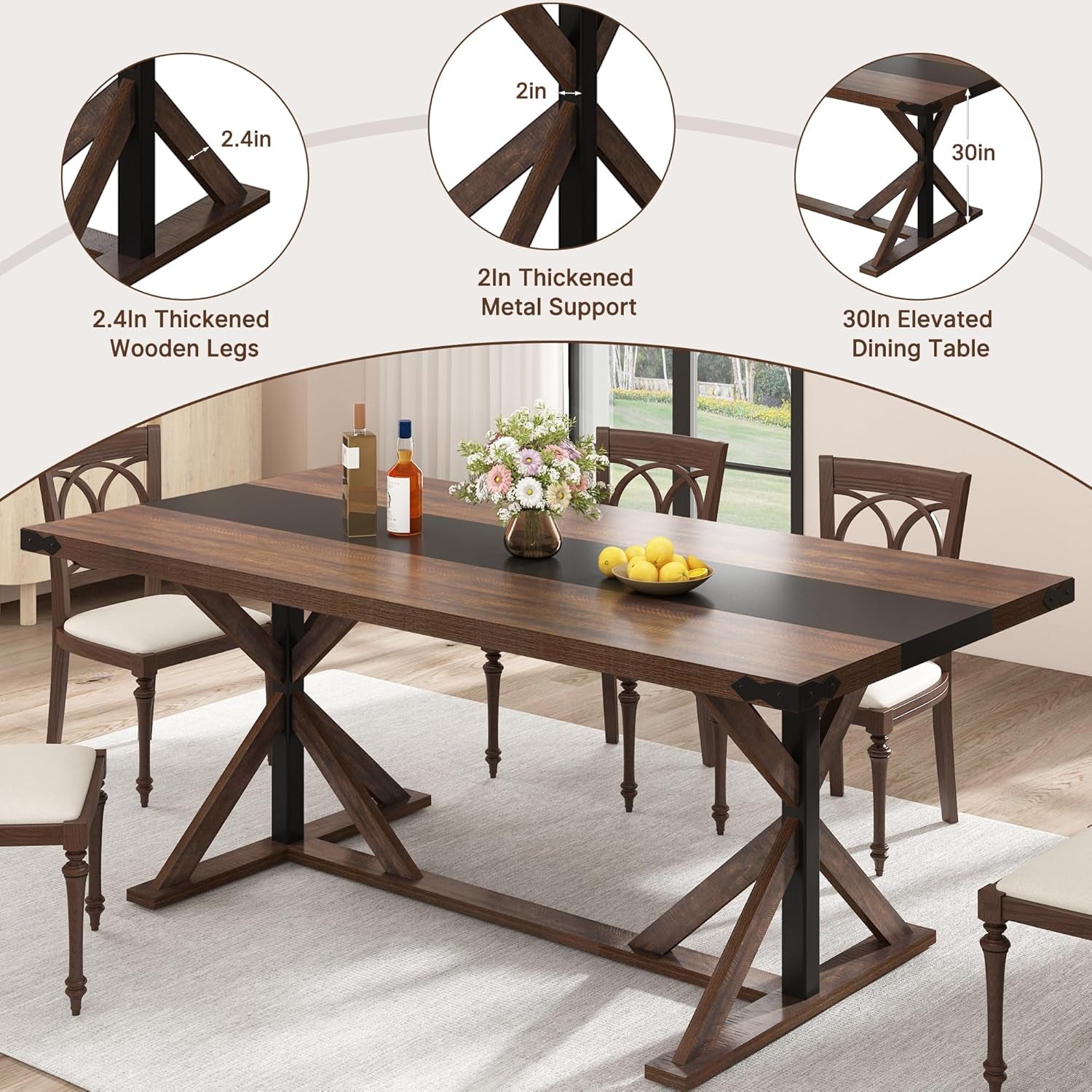 71 Inch Dining Table for 6 People, Rectangular Kitchen Farmhouse Table W/Thickness Waterproof Wood Tabletop,Long Dining Room Tables W/Wood Strip Base for Kitchen Living Room(Br)