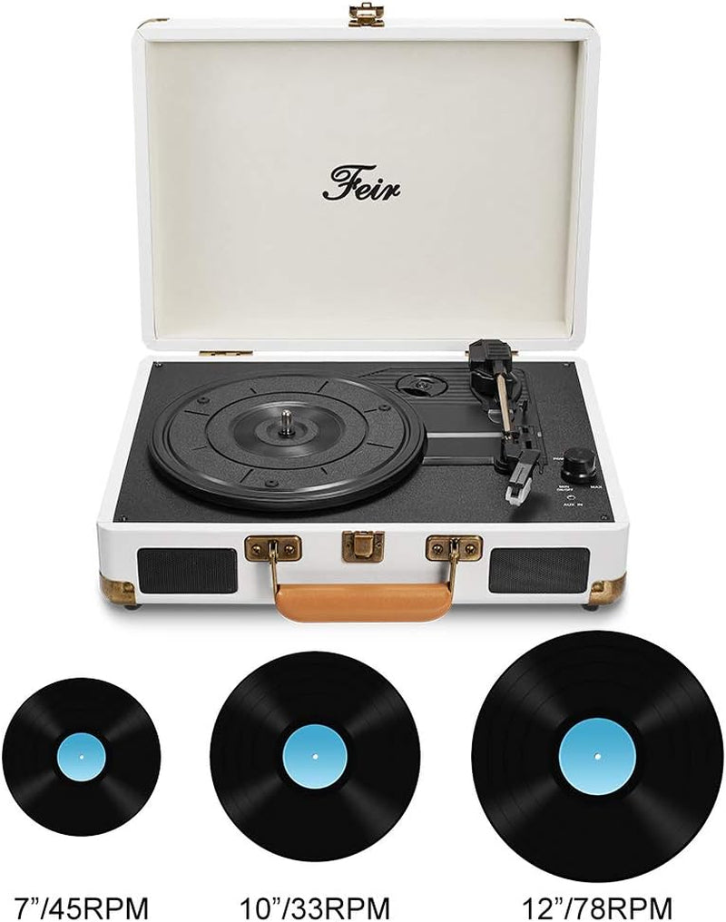 Vinyl Record Player Bluetooth with Speakers 3 Speed Portable Turntable Suitcase Built in 2 Speakers RCA Line Out AUX Headphone Jack PC Recorder-White