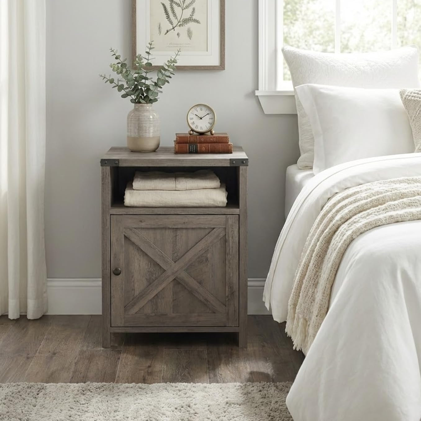 Nightstand, Farmhouse Bedside Table with Cabinet and Shelves, 18 X 18 X 24 Inches, Washed Oak