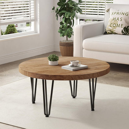 Rustic Wood round Coffee Table with Metal Legs, Solid Elm Wood Top and Non-Slip Feet Pads - Farmhouse Style for Living Room, Natural