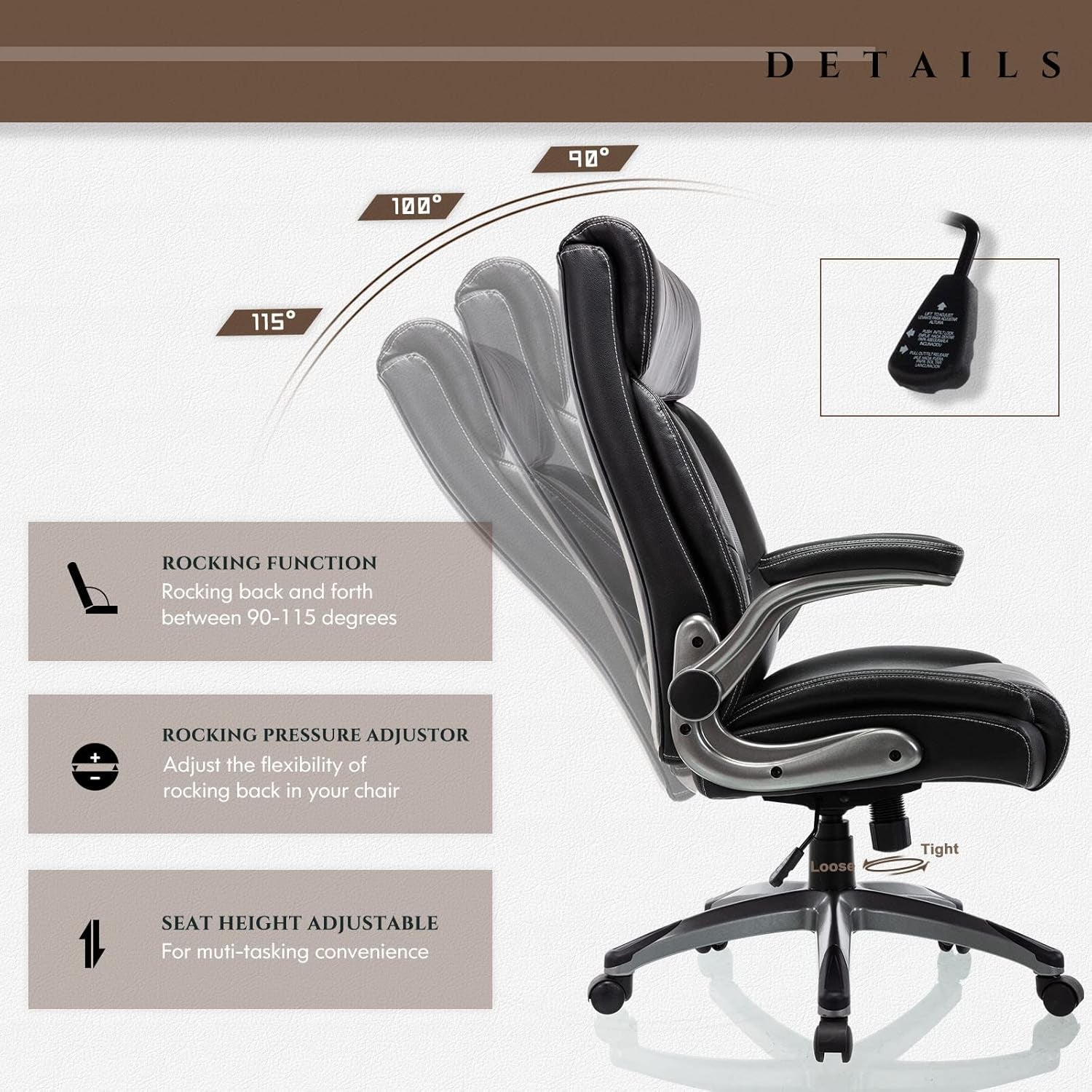 Executive Office Ergonomic Chair with Thick Bonded Leather, Flip-Up Armrests, High Back Adjustable Height and Tilt for Working, Study, Gaming