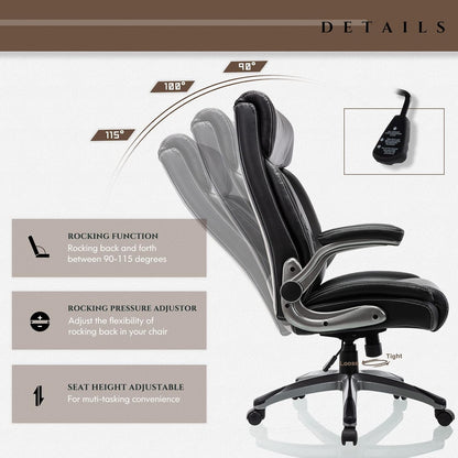 Executive Office Ergonomic Chair with Thick Bonded Leather, Flip-Up Armrests, High Back Adjustable Height and Tilt for Working, Study, Gaming