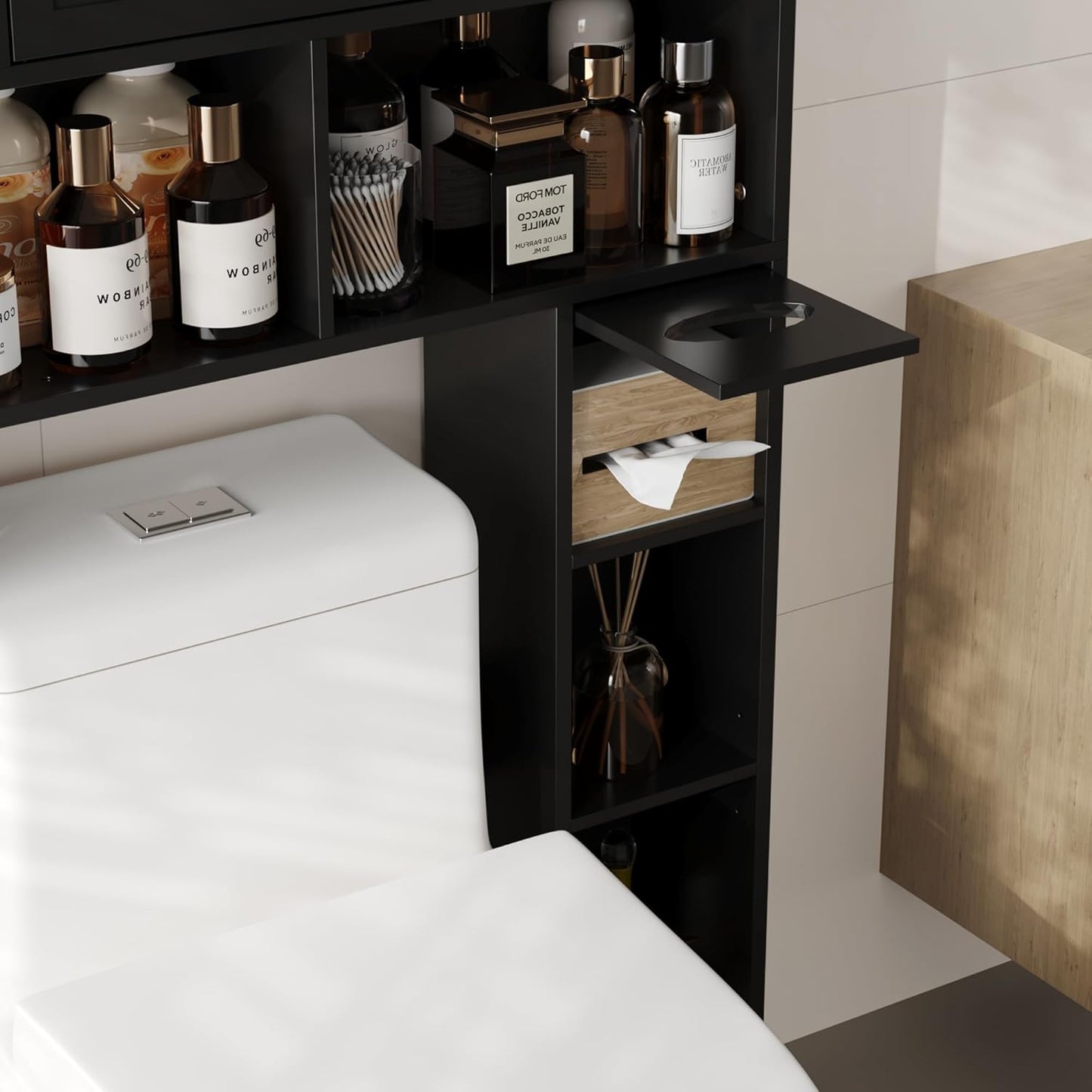 67.8" H over the Toilet Storage Cabinet with Adjustable Shelves & Toilet Paper Holder, Farmhouse over Toilet Bathroom Organizer, Double Door Toilet Cabinet for Bathroom, and Laundry, Black