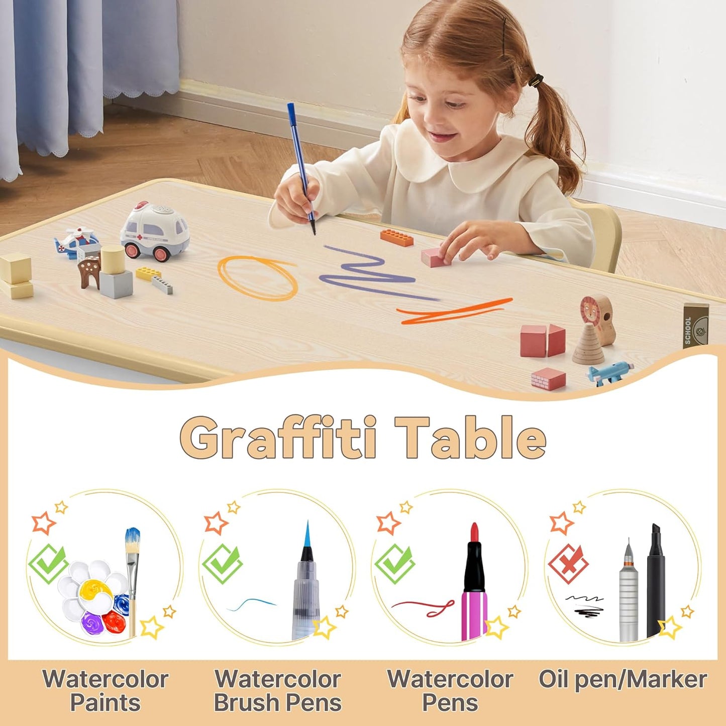 Kids Study Table and Chairs Set, Height Adjustable Toddler Table and Chair Set for Kids Ages 3-8, 31.5" L X 23.6" W Graffiti Desktop Plastic Children Art Table with 4 Seats, Brown