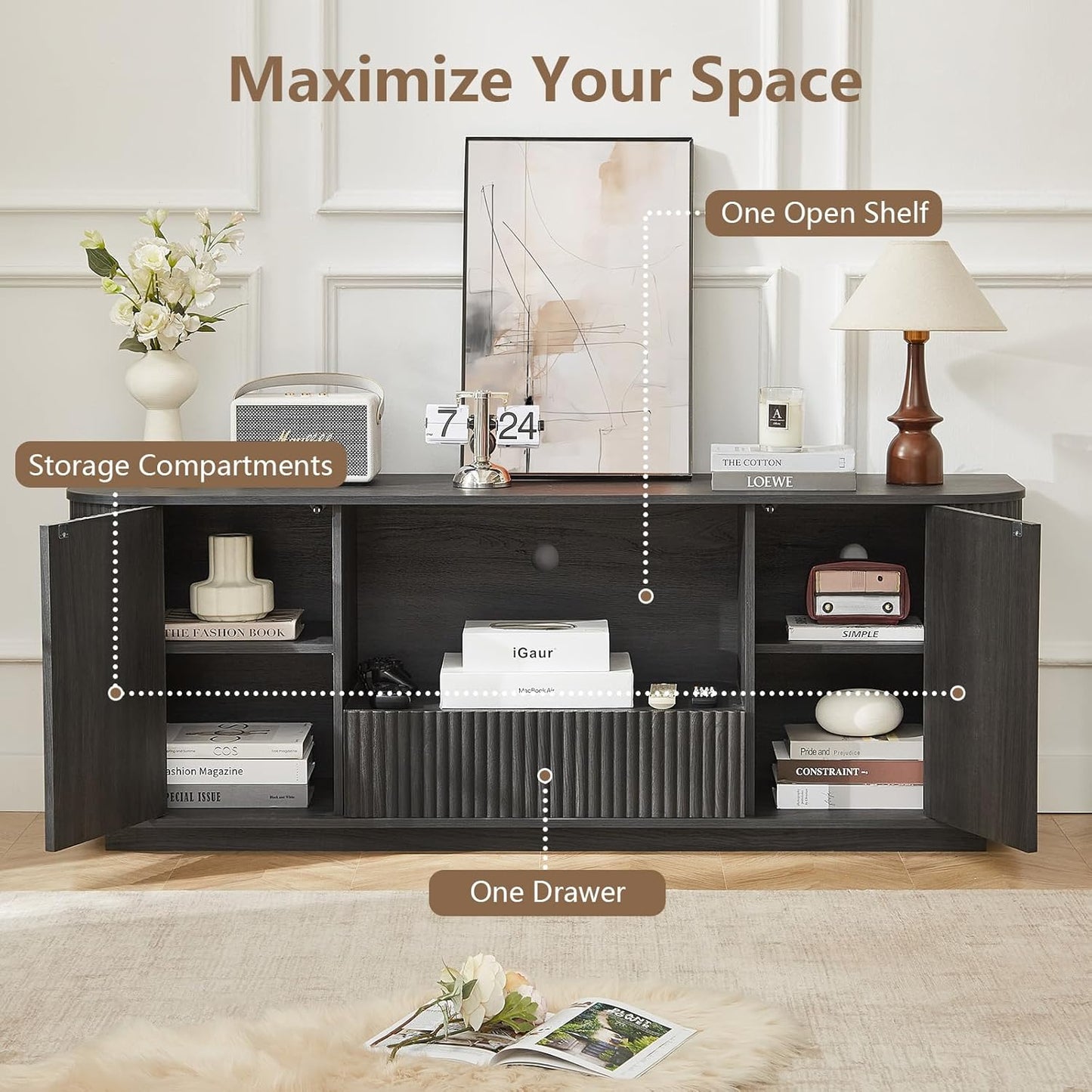 64" Fluted TV Stand for Tvs up to 75 Inch, Entertainment Center with Storage Cabinet and Drawer, Wood TV Console Television Furniture with Adjustable Shelf, Media Console for Living Room, Bedroom