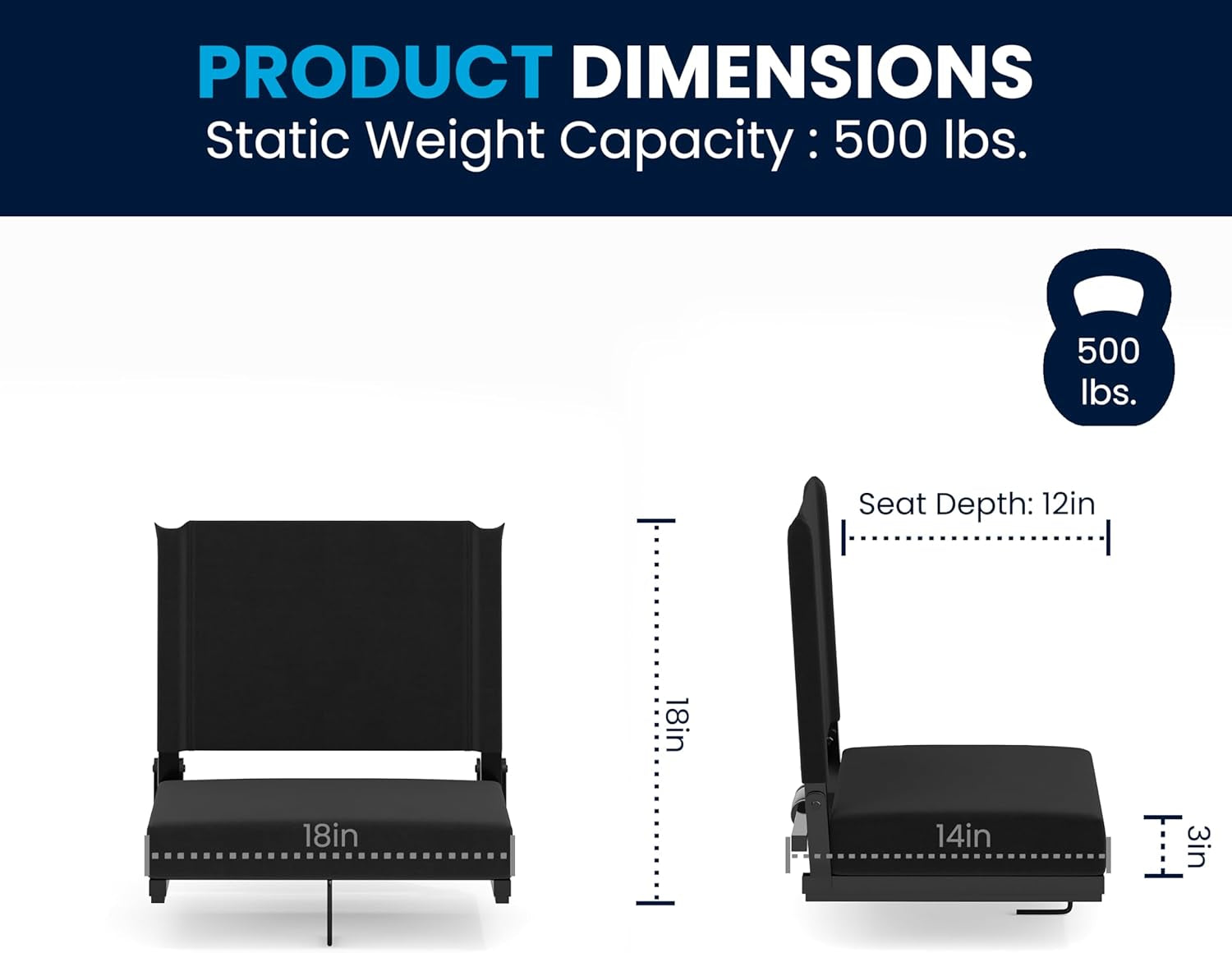 Grandstand Portable Stadium Seat for Bleachers or Benches, Folding Padded Stadium Chair with Carrying Handle, 500 Lb. Weight Capacity, Black