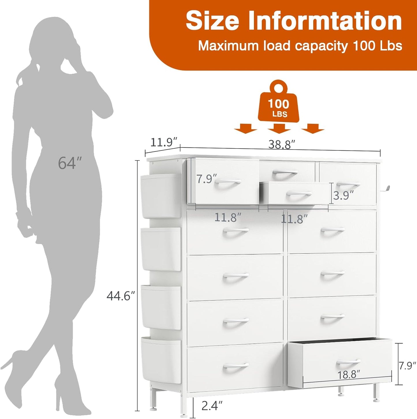 Fabric Dresser for Bedroom, Tall Dresser Chest of Drawers with Side White Pockets and Hooks, Free Standing Organizer White