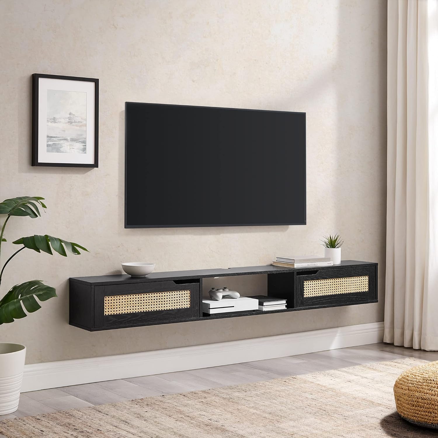 Destin Modern Rattan Flip-Down-Door Wall-Mounted Floating TV Stand for Tvs up to 80 Inches, 70 Inch, Black