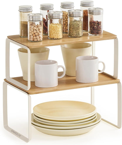 Cabinet Organizer Shelf, Set of 2 Kitchen Counter Shelves, Kitchen Storage, Spice Rack, Stackable, Expandable, Metal and Bamboo, Light Bamboo UKCS050N01