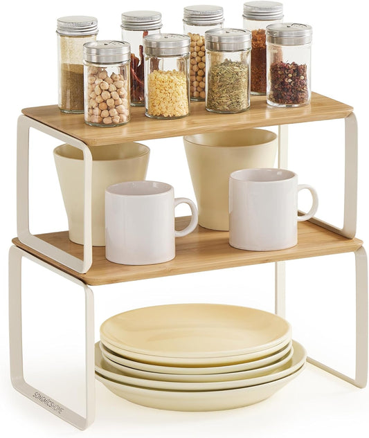 HOME Cabinet Organizer Shelf, Set of 2 Kitchen Counter Shelves, Kitchen Storage, Spice Rack, Stackable, Expandable, Metal and Bamboo, Light Bamboo UKCS050N01