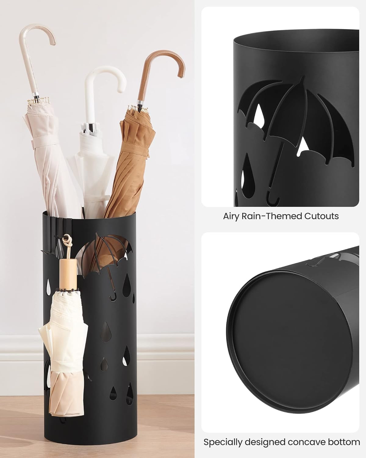 Umbrella Stand, Metal Umbrella Holder for Entryway, with Water Tray and 4 Hooks, 6.7 X 6.7 X 16.1 Inches, Round, Ink Black ULUC024B01